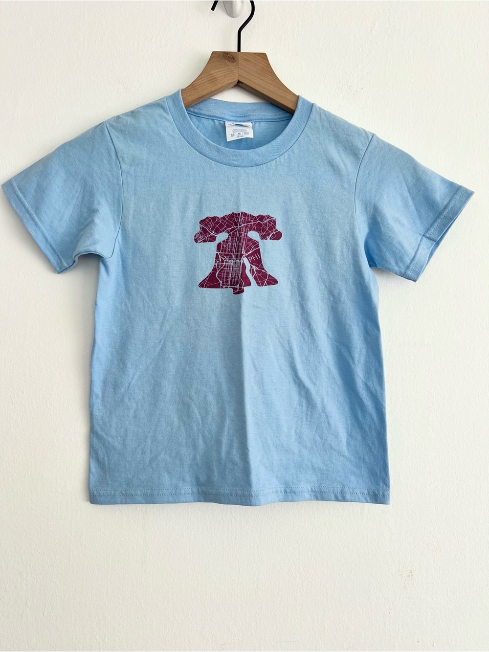 Kids Light Blue Tee with Maroon Liberty Bell Print - Phillies baseball XS